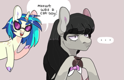 Size: 567x366 | Tagged: safe, artist:xeiphi, character:dj pon-3, character:octavia melody, character:vinyl scratch, species:earth pony, species:pony, species:unicorn, ship:scratchtavia, g4, bust, cloven hooves, dialogue, simple background, solo, speech bubble, speechless, text, wat