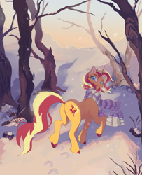 Size: 1635x2016 | Tagged: safe, character:sunset shimmer, species:pony, species:unicorn, g4, clothing, hoofprints, scarf, snow, solo, tree, winter