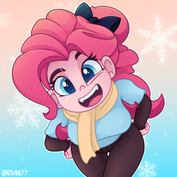 Size: 2500x2500 | Tagged: safe, artist:rivin177, character:pinkie pie, species:eqg human, g4, bow, clothing, fangs, leaning forward, looking at you, open mouth, pinkie being pinkie, scarf, simple background, snow, snowflake, solo, winter, winter outfit