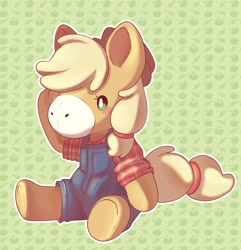 Size: 3714x3846 | Tagged: safe, artist:cutepencilcase, part of a set, character:applejack, species:anthro, species:earth pony, species:pony, g4, hand on head, overalls, plushie, simple background, sitting, solo, toy