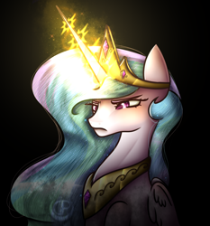 Size: 930x1000 | Tagged: safe, artist:mazeness, character:princess celestia, species:alicorn, species:pony, g4, angry, black background, bust, crown, dark, female, frown, glare, glow, glowing horn, horn, jewelry, mare, redraw, regalia, simple background, sitting, solo