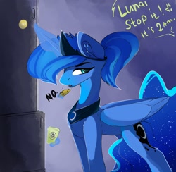 Size: 3075x3000 | Tagged: safe, artist:therealf1rebird, character:princess luna, species:alicorn, species:pony, g4, cookie, dialogue, food, glowing horn, magic, midnight snack, refrigerator, solo, telekinesis