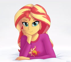 Size: 4096x3572 | Tagged: safe, artist:irisarco, artist:irisarcodraws, character:sunset shimmer, species:eqg human, g4, clothing, cutie mark, female, hand on chin, looking at you, lying down, pajamas, simple background, smiling, solo, watermark