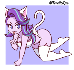 Size: 772x734 | Tagged: safe, artist:ferettokun, character:starlight glimmer, species:eqg human, g4, behaving like a cat, blep, cat, cat ears, cat lingerie, catgirl, clothing, lingerie, simple background, tongue out