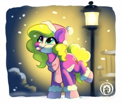 Size: 3593x3103 | Tagged: safe, artist:oofycolorful, oc, oc only, species:earth pony, species:pony, g4, lamppost, snow, solo