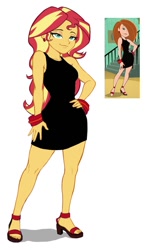 Size: 566x938 | Tagged: safe, artist:nairdags, edit, character:sunset shimmer, species:eqg human, g4, black dress, bracelet, clothing, dress, ear piercing, earring, hand on hip, high heels, jewelry, kim possible, little black dress, picture in picture, piercing, shoes, simple background, solo, stupid sexy sunset shimmer, white background