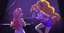 Size: 1280x659 | Tagged: safe, artist:nairdags, artist:rileyav, character:adagio dazzle, character:sunset shimmer, species:eqg human, ship:sunsagio, g4, blushing, collaboration, colored, female, lesbian, microphone, musical instrument, piano, shipping, singing, spotlight