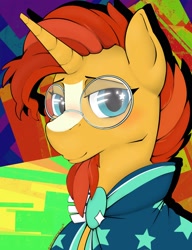 Size: 1570x2048 | Tagged: safe, artist:realbloodymscd, character:sunburst, species:pony, species:unicorn, g4, bust, cape, clothing, glasses, simple background, solo