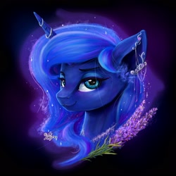 Size: 2160x2160 | Tagged: safe, artist:lailyren, character:princess luna, species:alicorn, species:pony, g4, black background, bust, ear piercing, ethereal mane, horn ring, solo