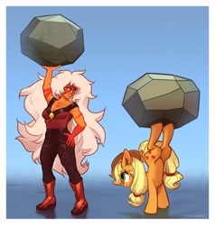 Size: 3507x3680 | Tagged: safe, artist:rrd-artist, character:applejack, species:earth pony, species:pony, g4, crossover, feat of strength, jasper (steven universe), lifting, simple background, steven universe, strong