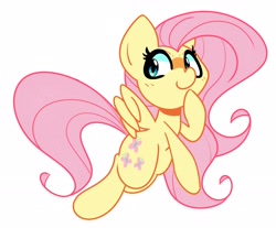 Size: 2588x2146 | Tagged: safe, artist:kindakismet, character:fluttershy, species:pegasus, species:pony, g4, cheeky, flying, hoof on chin, simple background, solo, spread wings, white background, wings