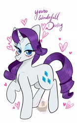 Size: 1287x2047 | Tagged: safe, artist:pineappleartz, character:rarity, species:pony, species:unicorn, g4, blushing, heart, lidded eyes, looking at you, raised hoof, simple background, solo, valentine's day, valentine's day card, white background