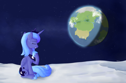 Size: 2500x1650 | Tagged: safe, artist:biocrine, character:princess luna, species:alicorn, species:pony, g4, banished to the moon, banishment, crying, planet, ponies in space, sitting, solo, space