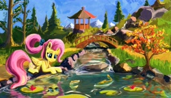 Size: 4096x2342 | Tagged: safe, artist:hyperdashi, character:fluttershy, species:pegasus, species:pony, g4, bridge, complex background, koi, pond, reflection, solo