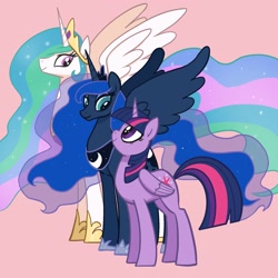 Size: 2048x2048 | Tagged: safe, artist:pfeffaroo, character:princess celestia, character:princess luna, character:twilight sparkle, character:twilight sparkle (alicorn), species:alicorn, species:pony, g4, height difference, simple background, spread wings, wings