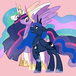Size: 2048x2048 | Tagged: safe, artist:pfeffaroo, character:princess celestia, character:princess luna, character:twilight sparkle, character:twilight sparkle (alicorn), species:alicorn, species:pony, g4, height difference, older twilight, simple background, spread wings, wings