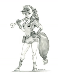 Size: 1000x1296 | Tagged: safe, artist:baron engel, character:apple bloom, species:anthro, species:earth pony, species:pony, species:unguligrade anthro, g4, amputee, breasts, cleavage, clothing, female, gloves, hat, looking at you, pencil drawing, prosthetic arm, prosthetic leg, prosthetic limb, prosthetics, signature, solo, traditional art, wrench