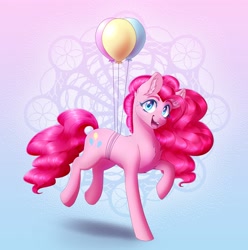 Size: 2099x2114 | Tagged: safe, artist:_ladybanshee_, character:pinkie pie, species:earth pony, species:pony, g4, abstract background, balloon, chest fluff, ear fluff, fluffy, full body, happy, poofy mane, smiling, solo, three quarter view
