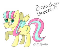 Size: 1177x953 | Tagged: safe, artist:scarletdoodle, oc, oc only, oc:biolachan breeze, species:pegasus, species:pony, g4, glasses, looking at you, signature, simple background, solo, three quarter view, tongue out, two toned wings, white background