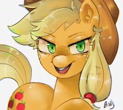 Size: 1600x1426 | Tagged: safe, artist:haichiroo, character:applejack, species:earth pony, species:pony, g4, 2021, clothing, cowboy hat, female, green eyes, hair, hair band, hat, mare, signature, simple background, solo, solo female, tail, white background