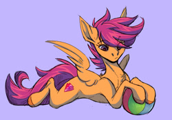 Size: 1280x896 | Tagged: safe, artist:lambibelle, character:scootaloo, species:pegasus, species:pony, g4, ball, blue background, chest fluff, colored hooves, eye clipping through hair, female, filly, high res, lying down, prone, simple background, solo, spread wings, wings