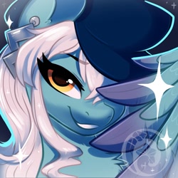 Size: 1000x1000 | Tagged: oc needed, safe, artist:oofycolorful, oc, oc only, species:pegasus, species:pony, g4, bust, clothing, ear piercing, hat, lidded eyes, pose, smiling, sparkles