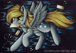 Size: 3484x2456 | Tagged: safe, artist:julunis14, character:derpy hooves, species:pegasus, species:pony, g4, letter, mouth hold, simple background, solo, spread wings, traditional art, wings