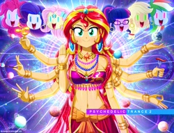 Size: 1990x1520 | Tagged: safe, artist:the-butch-x, character:sunset shimmer, species:eqg human, g4, belly button, bracelet, cleavage, durga, ear piercing, earring, earth, fidget spinner, food, fork, freckles, glasses, goddess, hinduism, jewelry, meat, multiple arms, necklace, open mouth, piercing, planet, sari