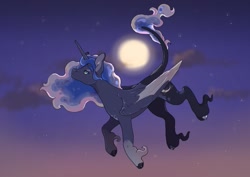 Size: 925x655 | Tagged: safe, artist:xeiphi, character:princess luna, species:alicorn, species:pony, g4, cloud, flying, moon, night, solo, stars