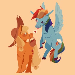 Size: 1964x1964 | Tagged: safe, artist:lovediscs, character:applejack, character:rainbow dash, species:earth pony, species:pegasus, species:pony, ship:appledash, g4, apple, basket, flying, heart, shipping, tongue out