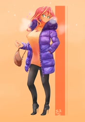 Size: 1400x2000 | Tagged: safe, artist:sozglitch, character:sunset shimmer, species:eqg human, g4, clothing, coat, high heels, purse, simple background, solo, sweater