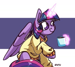 Size: 1832x1640 | Tagged: safe, artist:lrusu, character:twilight sparkle, character:twilight sparkle (alicorn), species:alicorn, species:pony, g4, clothing, coffee, coffee mug, glowing horn, magic, oversized clothes, raised hoof, simple background, solo, sweater, telekinesis