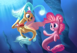 Size: 2600x1800 | Tagged: safe, artist:auroriia, artist:rocket-lawnchair, character:pinkie pie, character:princess skystar, species:seapony (g4), g4, my little pony: the movie (2017), jellyfish, open mouth, smiling, underwater