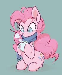 Size: 1704x2048 | Tagged: safe, artist:noupu, character:pinkie pie, species:earth pony, species:pony, g4, chonk, clothing, coffee mug, hoof hold, hot chocolate, looking down, marshmallow, scarf, simple background, steam