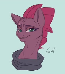 Size: 3500x4000 | Tagged: safe, artist:galinn-arts, character:tempest shadow, species:pony, species:unicorn, g4, bust, clothing, looking at you, simple background, smiling, solo, sweater