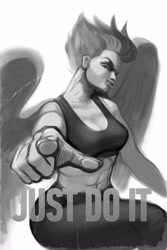 Size: 2000x3000 | Tagged: safe, artist:rrd-artist, character:spitfire, species:human, g4, abs, bra, caption, clothing, humanized, monochrome, motivational poster, pointing, solo, species swap, sports bra, text, underwear, winged humanization, wings