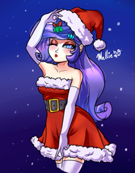Size: 625x800 | Tagged: safe, artist:melliebun, character:rarity, species:human, g4, duckface, holly, holly mistaken for mistletoe, long gloves, puckered lips, santa dress, santa hat, simple background, solo, wings
