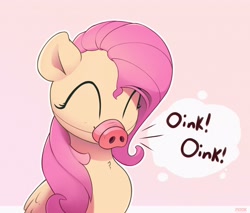 Size: 3500x2984 | Tagged: safe, artist:nookprint, character:fluttershy, species:pegasus, species:pony, g4, bust, dialogue, eyes closed, oink oink oink, pig nose, simple background, solo, speech bubble, text
