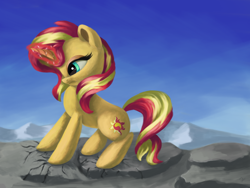 Size: 4000x3000 | Tagged: safe, artist:flusanix, character:sunset shimmer, species:pony, species:unicorn, g4, angry, cracks, female, frown, glowing horn, magic, mare, mountain, mountain range, profile, rock, solo