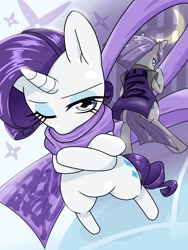 Size: 1668x2224 | Tagged: safe, artist:batipin, character:maud pie, character:rarity, species:earth pony, species:pony, species:unicorn, g4, cape, clothing, one eye closed, pose, scarf, sparkles, standing on two hooves