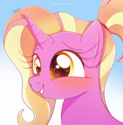 Size: 1024x1040 | Tagged: safe, artist:nnaly, character:luster dawn, species:pony, species:unicorn, g4, blushing, cute, female, gradient background, lusterbetes, mare, signature, simple background, smiling, solo, sparkly eyes