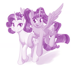Size: 1280x1202 | Tagged: safe, artist:dstears, character:rarity, character:twilight sparkle, character:twilight sparkle (alicorn), species:alicorn, species:pony, species:unicorn, g4, alternate hairstyle, female, flying, hair bow, mare, pigtails, smiling, twintails