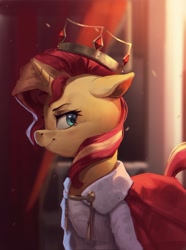 Size: 1324x1777 | Tagged: safe, artist:vanillaghosties, character:sunset shimmer, species:pony, species:unicorn, g4, bust, complex background, crown, looking sideways, queen, smug, solo, sunlight