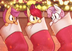 Size: 3640x2552 | Tagged: safe, artist:mirroredsea, character:apple bloom, character:scootaloo, character:sweetie belle, species:earth pony, species:pegasus, species:pony, species:unicorn, g4, adorabloom, apple bloom's bow, bow, christmas, christmas lights, christmas stocking, clothing, cute, cutealoo, cutie mark crusaders, diasweetes, eye clipping through hair, female, filly, hair bow, happy, holiday, lights, micro, open mouth, smiling, socks, stockings, thigh highs, trio, weapons-grade cute, young