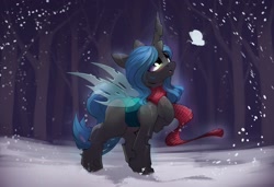Size: 2714x1855 | Tagged: safe, artist:hitbass, character:queen chrysalis, species:changeling, g4, butterfly, clothing, scarf, snow, solo, tree