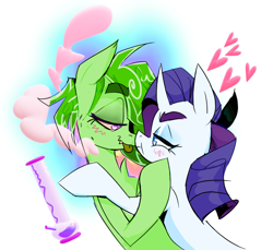 Size: 1280x1173 | Tagged: safe, artist:cassettepunk, character:rarity, oc, oc:stoney poney, species:earth pony, species:pony, species:unicorn, g4, blushing, bong, heart, smoke, tongue out