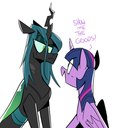 Size: 1051x1130 | Tagged: safe, artist:cassettepunk, character:queen chrysalis, character:twilight sparkle, character:twilight sparkle (alicorn), species:alicorn, species:changeling, species:pony, ship:twisalis, g4, dialogue, shipping