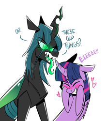 Size: 981x1110 | Tagged: safe, artist:cassettepunk, character:queen chrysalis, character:twilight sparkle, character:twilight sparkle (alicorn), species:alicorn, species:changeling, species:pony, ship:twisalis, g4, blushing, changeling queen, dialogue, eyes closed, fangs, glowing eyes, heart, long tongue, shipping