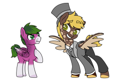 Size: 1851x1226 | Tagged: safe, artist:ashakalovsky, artist:kb-gamerartist, artist:klewgcg, base used, oc, oc only, oc:amber glow, oc:fox glove, species:pegasus, species:pony, fanfic:piece by piece, series:who we become, g4, clothing, colored hooves, colored wings, colt, genderqueer, male, siblings, suit, top hat