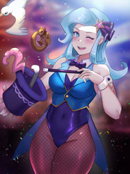 Size: 800x1067 | Tagged: safe, artist:tzc, character:trixie, species:human, g4, complex background, fishnets, humanized, magic, magician outfit, wink, winking at you